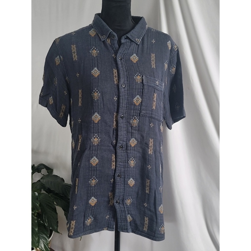 Roark Revival Manawa Tapu Mens Medium Navy Blue Gauze Short Sleeve Button Down